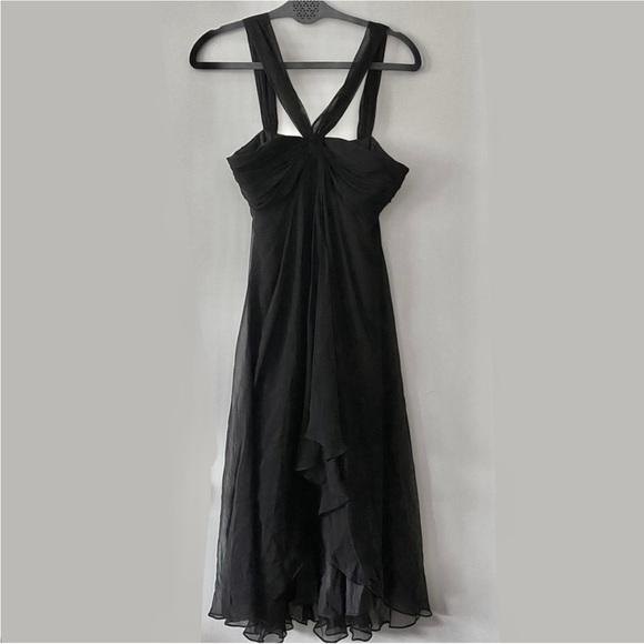 "Maggy London 100% Silk Halter Ruffle Midi Knee Length Dress Black,Size 8 - Picture 4 of 10